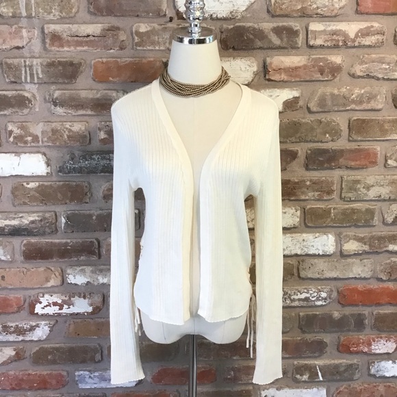 CANDIE’S Women’s Y2K Cream Ribbed Open Front Side Ties Cardigan Sweater XL - Picture 2 of 7